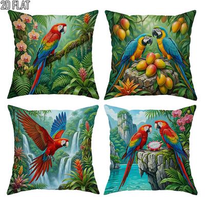4 pezzi Copricuscino Decorativo Tropicale Ara Scarlatta Cascata Amazzonica per Casa Fattoria Esterno