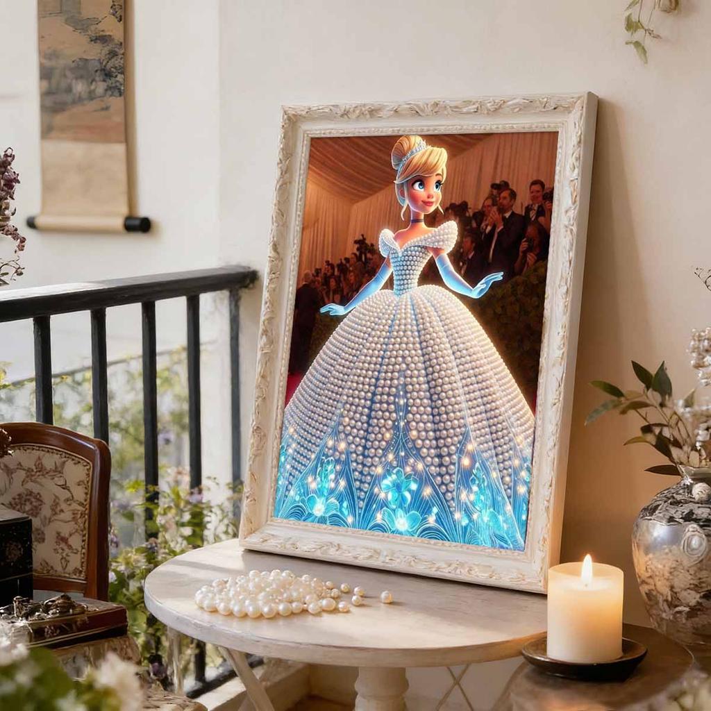 Red Carpet Gala Cinderella Pearl-Inlaid Frameless Art | Handmade Pearl Craft, Red Carpet Gala Theme, for Luxury Glam Home Decor & Gift Option