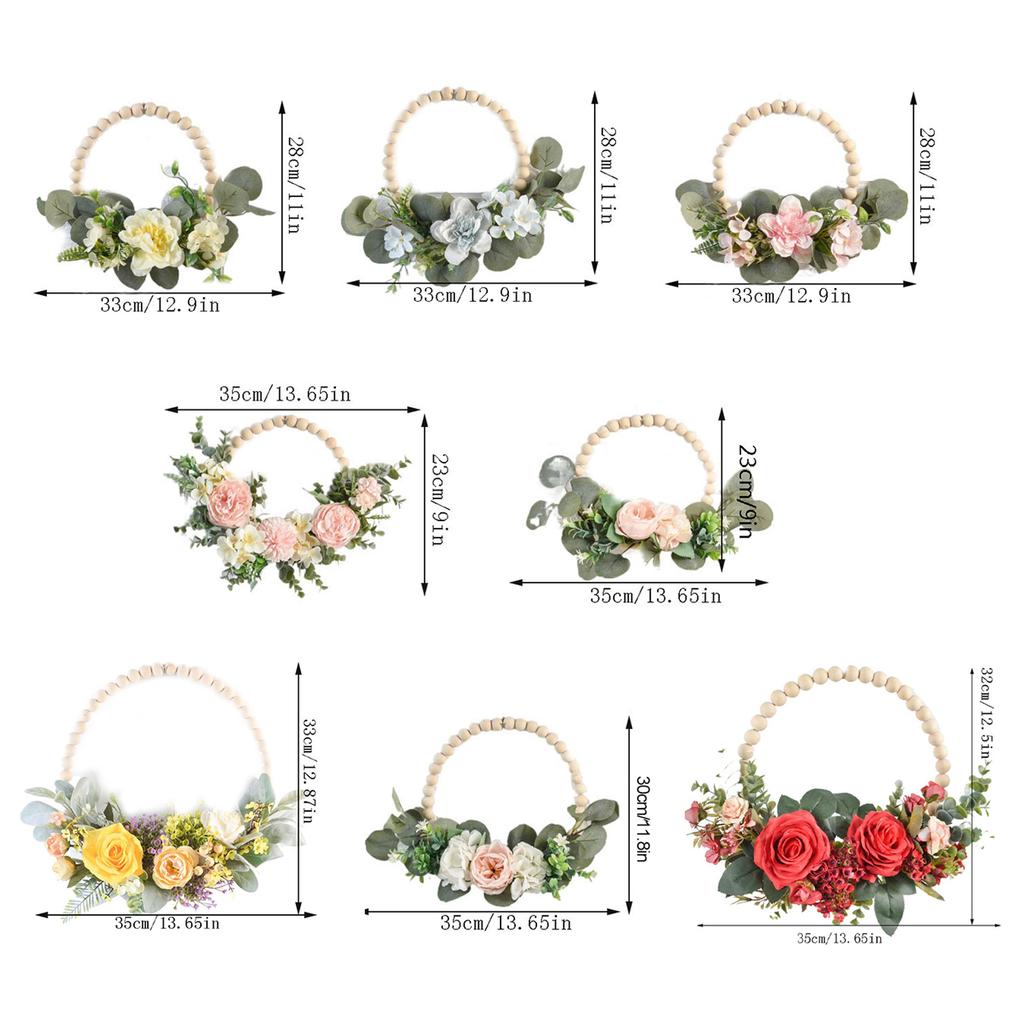 Wooden Bead Door Wreath Artificial Floral Flower Wreath for Indoor Outdoor Seasonal Farmhouse Door Decor