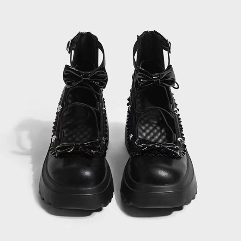 2025 Y2k Black Gothic Mary Janes Casual Pumps Chunky High Heels Goth Bow Tie Decor Lolita Platform Shoes Women