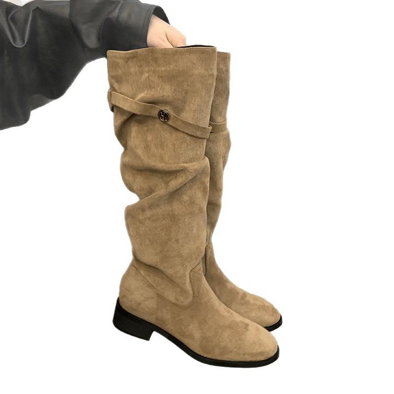 French Apricot Suede Piled Boots Women's Shoes 2025 New Spring and Autumn Winter Long Boots High Heel Khaki