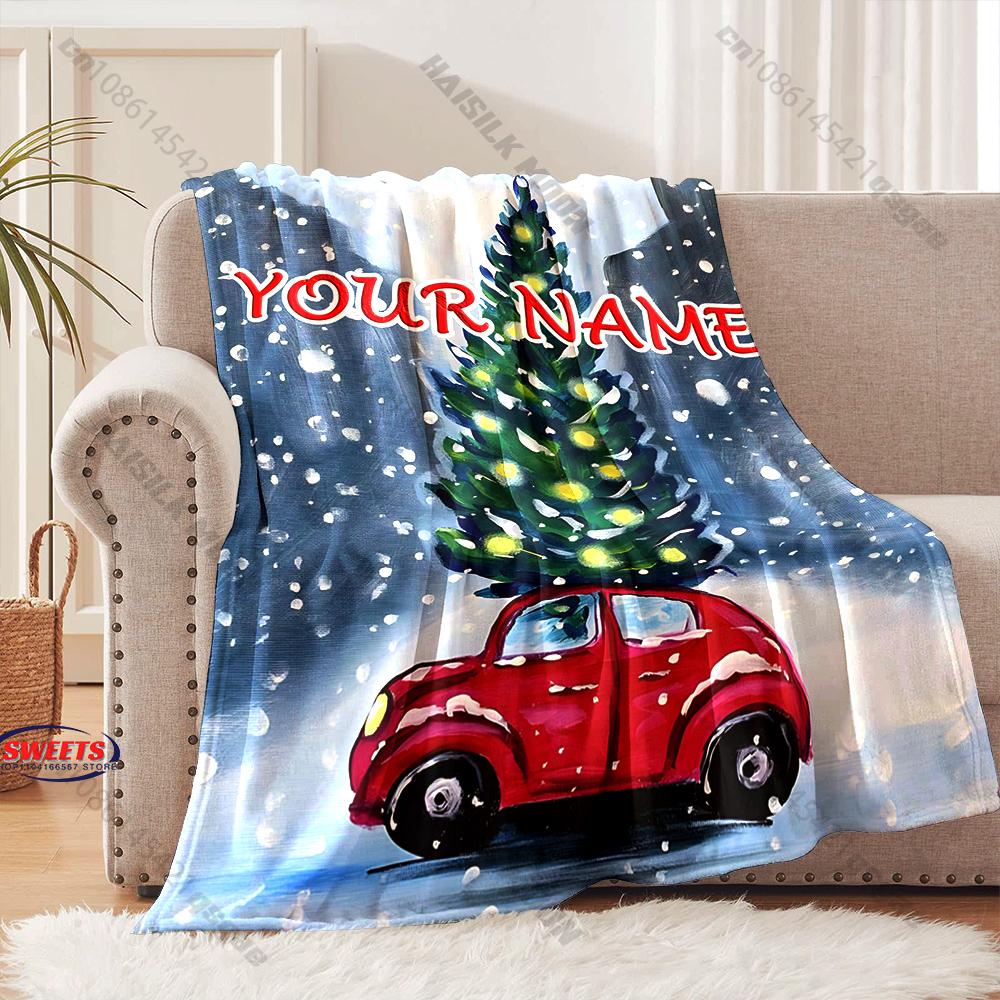 Custom Name Red Car Christmas Tree Blanket, Christmas Flannel Throw Blanket, Holiday Gift For Family
