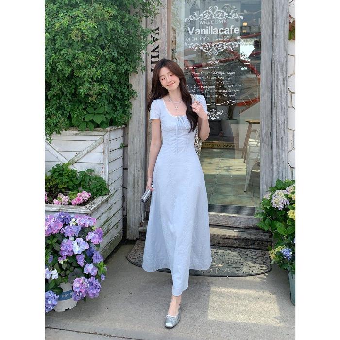 [Soft blue and one water] High-intelligence lace splicing fake two-piece temperament waist dress knitted fabric
