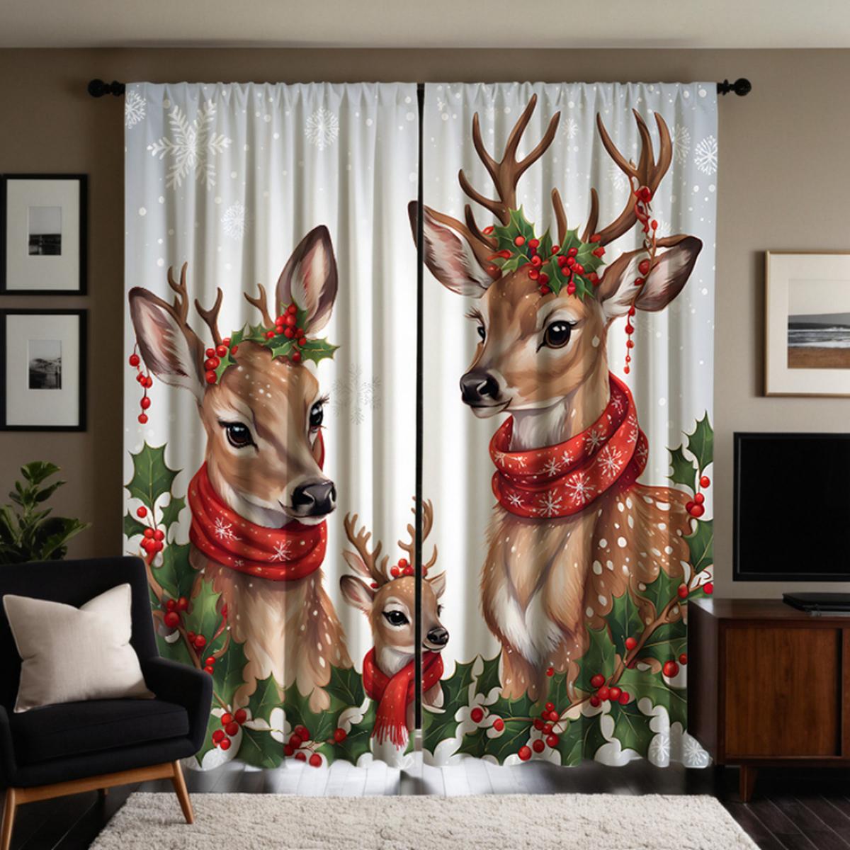 

2pcs HD Three Christmas elk decorative curtains with red fruit Yellow tie digital printed curtains Home Decoration style Deco W52H63inchW132H160cm