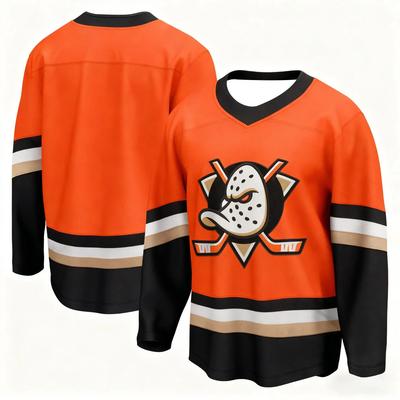Camiseta de Hockey de la Camiseta de los Anaheim Ducks -Naranja con Detalles Negros Blancos y Beige Camiseta Deportiva Transpirable y de Secado Rápido Camiseta Estampada en 3D