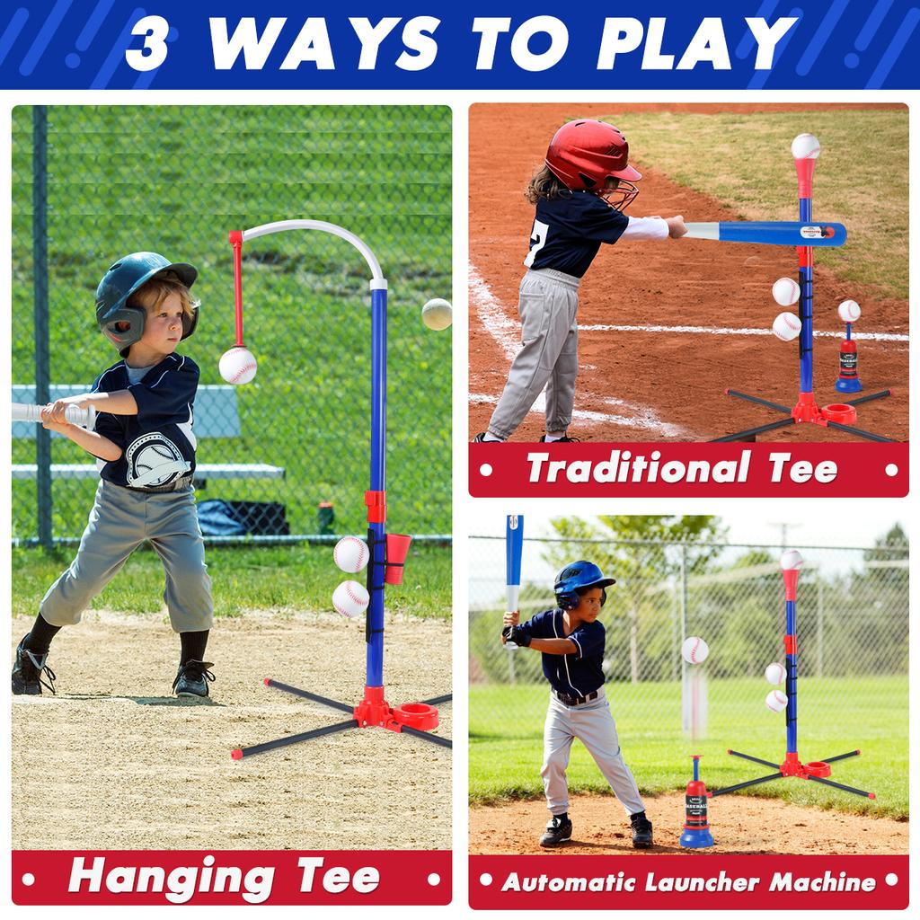 3-in-1 Kids Baseball Toy Set with Hanging Ball  Launcher Adjustable Height Toddler Baseball Set