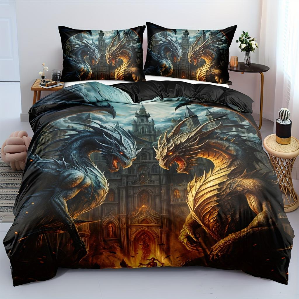 3Pcs Dragon Attacking Castle Bedding Set 3D Printed Medieval Gothic Duvet Cover Set For Bedroom Decor