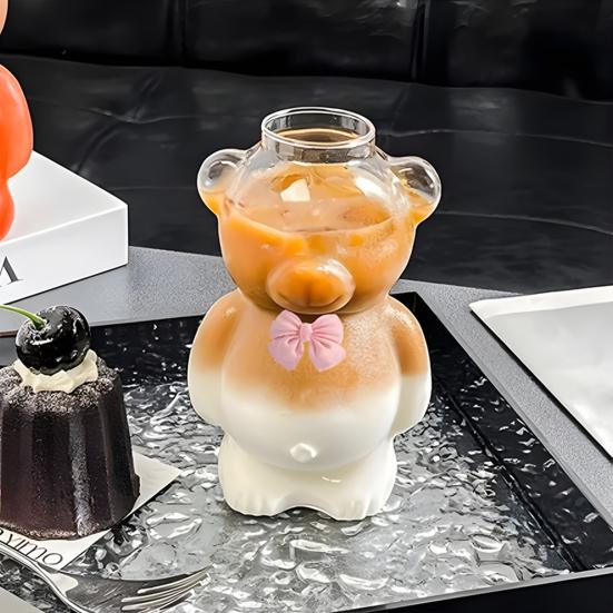 Bear Glass Cup with Straw 320ml Juice Milk Tea Smoothies Drinking Cup Reusable Coffee Cocktails Tumbler