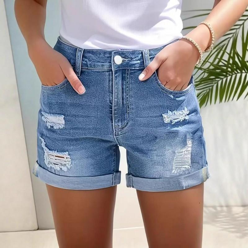 

Women s Stretch Denim Shorts With Street Style Rough Edges High Waist Elastic Comfortable Super Tight L синий