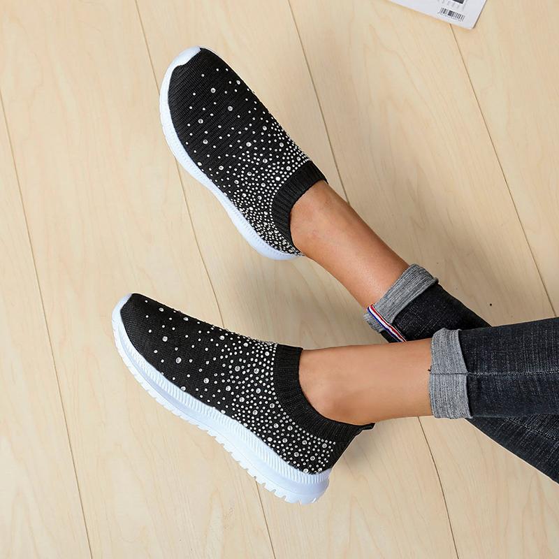 Fashion Women's Crystal Comfort Soft Bottom Flat Breathable Mesh Sneakers Women's Plus Size Non-Slip Casual Shoes Womens Shoes