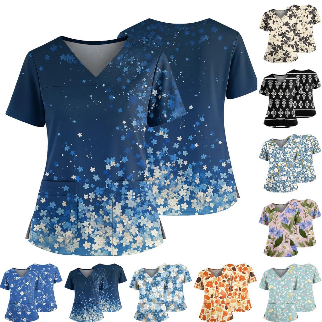 Women's Casual Printed V-Neck Pocket Side Slit Short Sleeved Top Short Sleeved Top