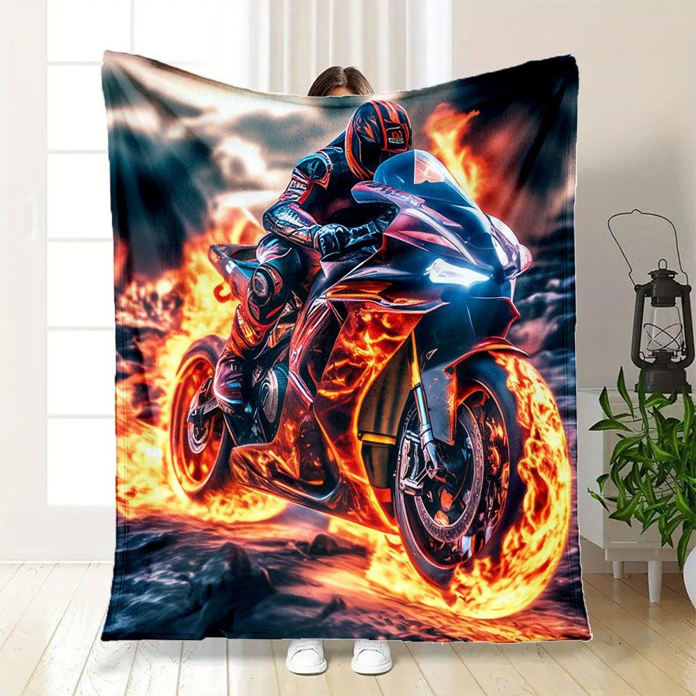 "Flaming Speed: Motorcycle Art Print - Ignite Your Space!"Blanket Flannel Throw Blanket for Sofa, Bed, Travel, Camping, Office, Couch, Chair