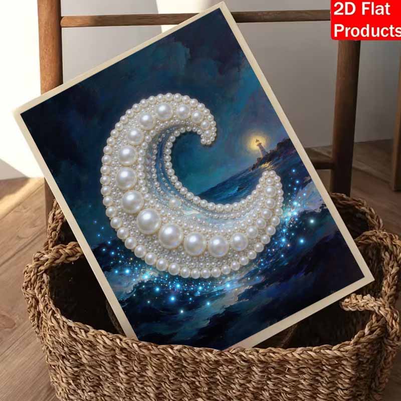 Glowing Pearl Crescent Moon and Lighthouse Diamond Painting Art Kit. DIY Gemstone Beading Craft Kit. Ocean Night Scenery Home Wall Decoration
