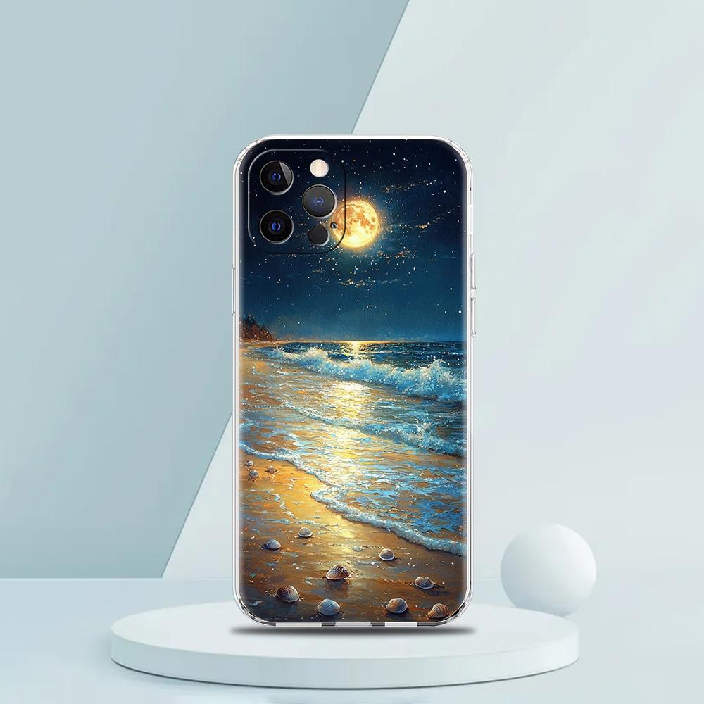 Soft TPU Transparent Phone Case for iPhone 16 15 14 13 12 11 Pro Max XR 8 7 Plus XR Starry Night Art Aesthetic Beach Night View