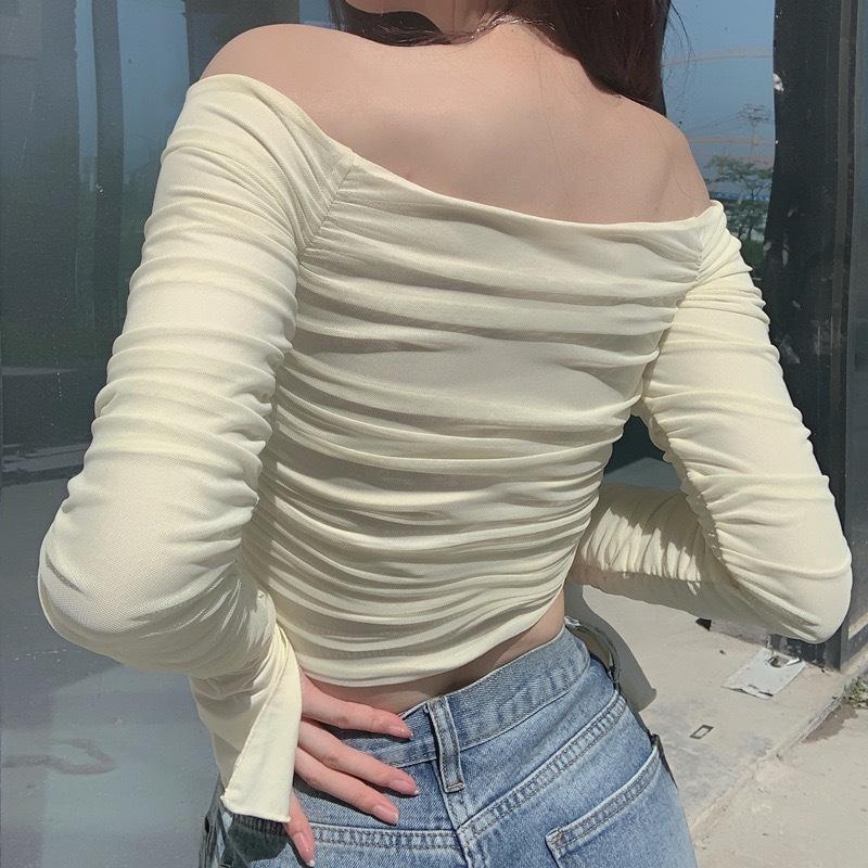 Mesh Patchwork Women Long Sleeve Crop T Shirt Ruched Off Shoulder BodycDF-1299-Black-Son Sexy Elegant Streetwear 2024 Spring Summer