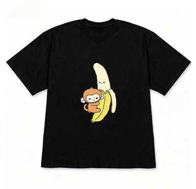 Cute Short Sleeve Tshirt Monkey Hugging Banana Graphic Black Crew Neck Tee with Kawaii Animal Youthful Casual Streetwear Top