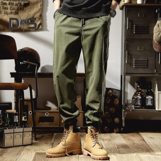 Fall Spring Men Cargo Pants Ankle Banded Loose Wear Resistant Drawstring Elastic Waist Pockets Outdoor Work Trousers