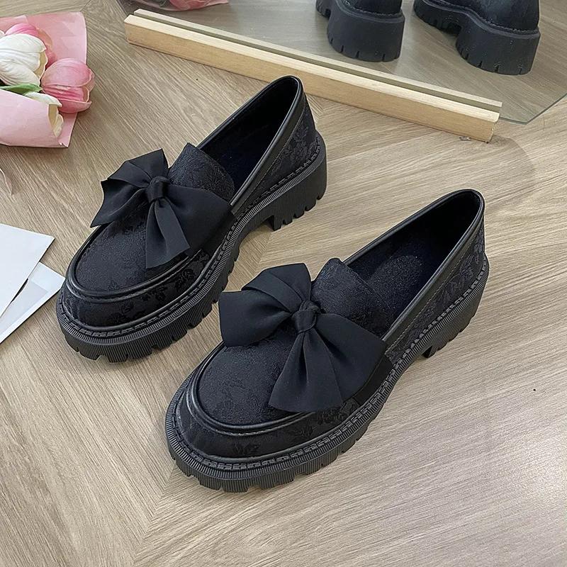 Fashion Women Flat Shoes Bowknot Leather Shoes Ladies 2025 New Spring Thick Heel Loafers Woman Fashion Comfortable Work Shoes Zapatos