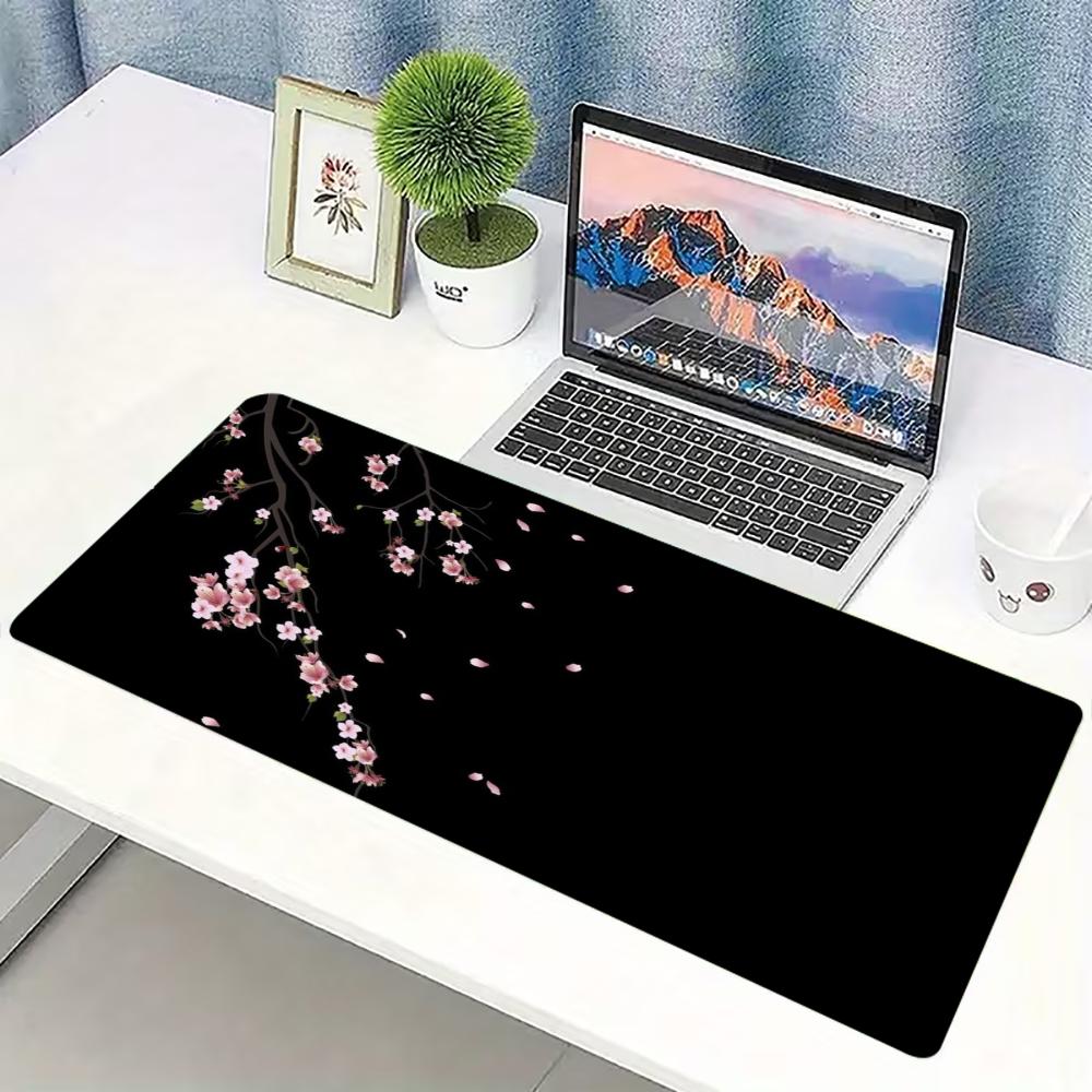 Dark Cherry Blossom Extended Desk Mat Non Slip Rubber Stitched Edge Large Mousepad For Laptop Pc Office Desktop Gaming Space