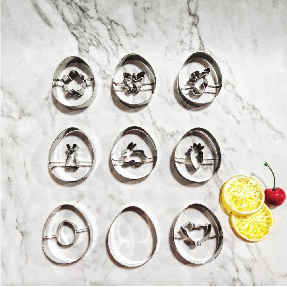 9pcs Hand Press Easter Cookie Cutter Set Stainless Steel Cookie Stamp  Fondant Cake