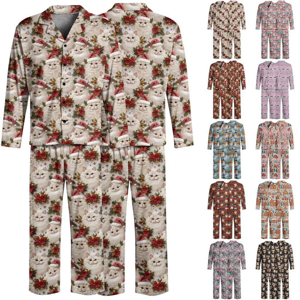 Men's Loose Fit Christmas Print Pajama Set with Button Down Top and Straight Leg Pants - Two Piece Holiday Sleepwear