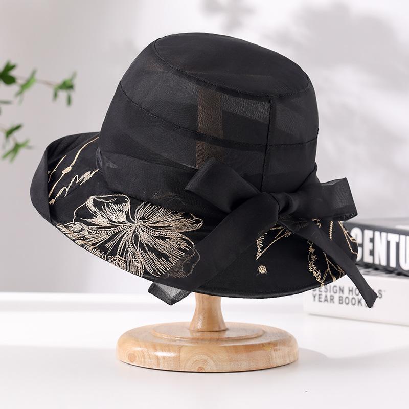 

Buta embroidered mulberry silk sun hat women s summer foldable big brim sun hat travel vacation silk hat Adjustable чорний