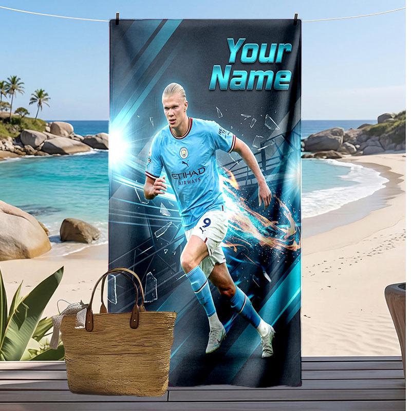 Erling Haaland Personalized Printed Beach Towel Soccer Logo Support Custom Name Text Absorbent Towel For Sport Travel Special Gift