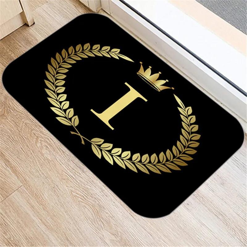 Kitchen Bathroom Non-slip Floor Mat Style Indoor Rug Black Gold Crown Letter Decoration Entrance Door