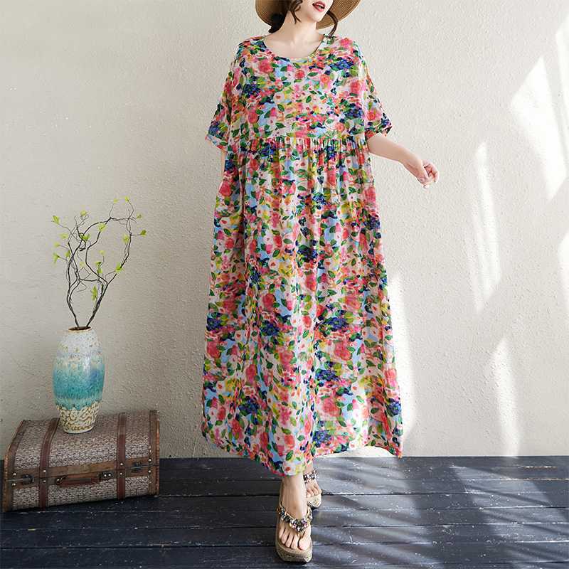 Women's Cotton and Linen Round Neck Short Sleeved Simple Floral Long Skirt, Long Girl