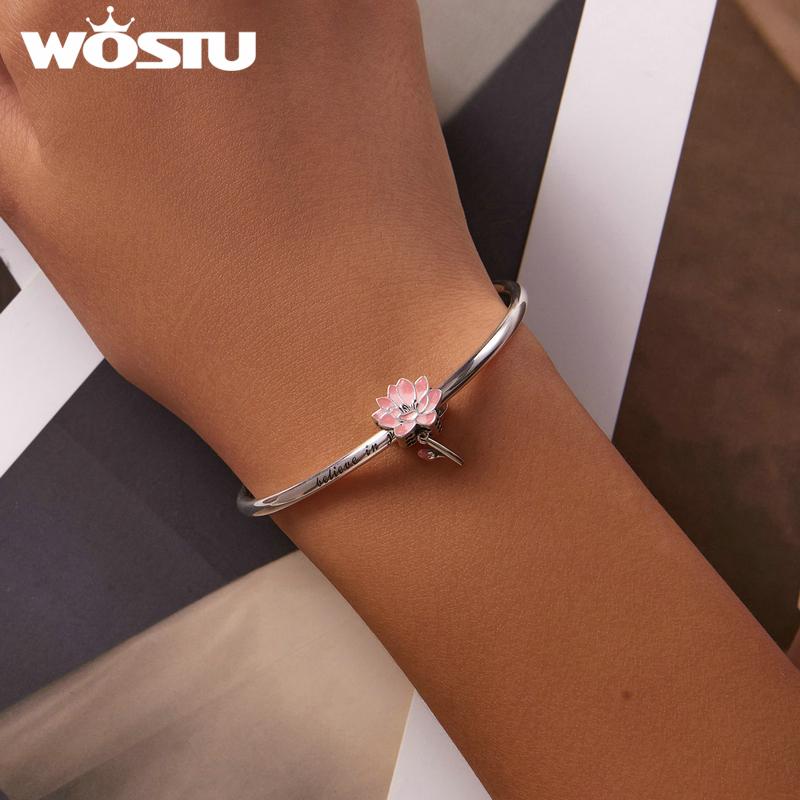 WOSTU Genuíno 925 prata esterlina fresco lótus charme caber cobra pulseira ou pulseira elegante flor contas fazendo jóias