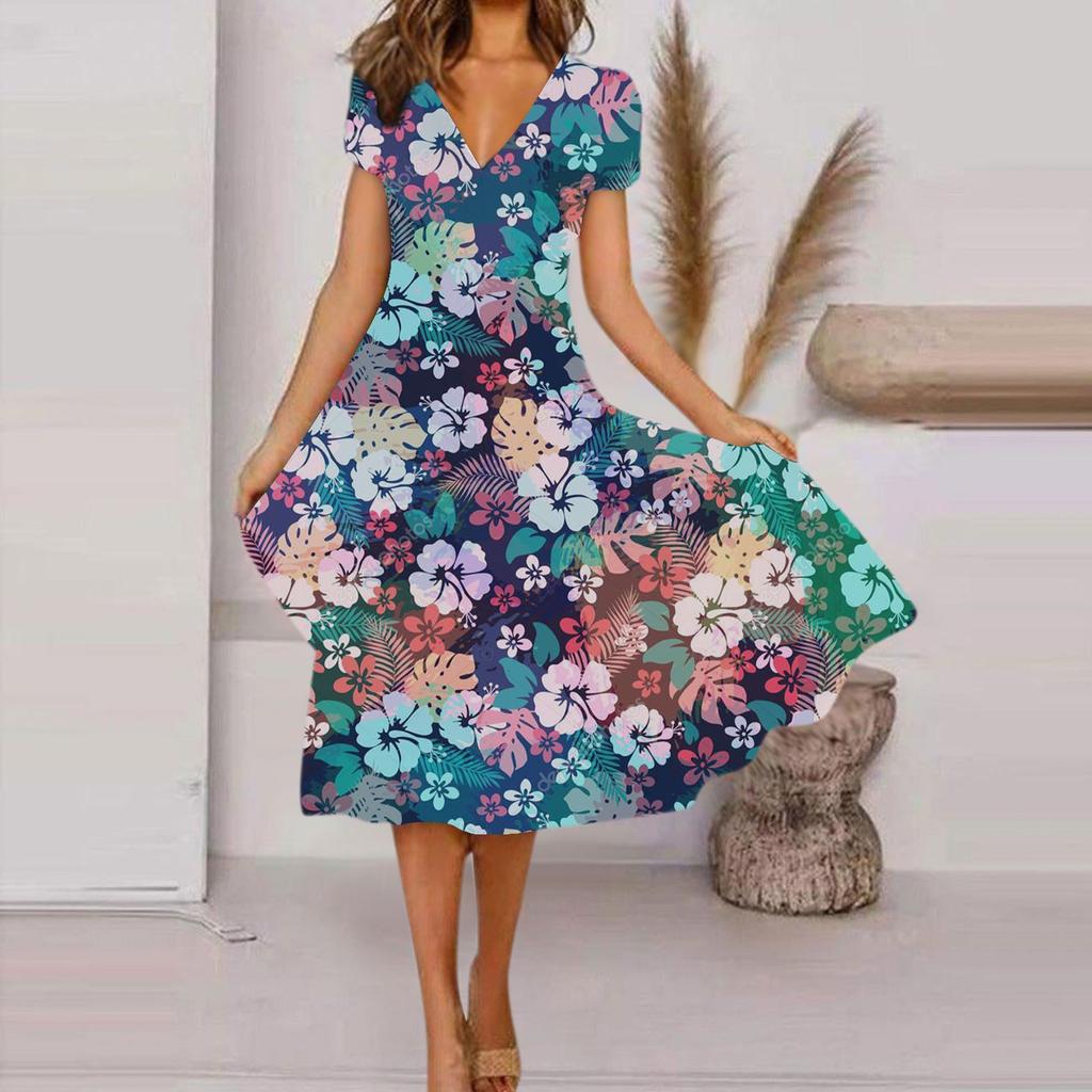 Women's Summer Casual Fashion Floral Print Short Sleeve V-Neck Swing Dress