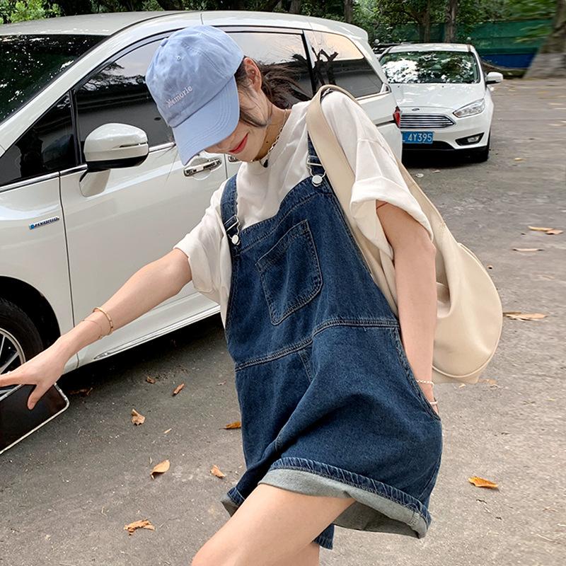 women s High Waist Loose Denim Overalls Shorts Casual Cute Suspender Pants S темно-синий