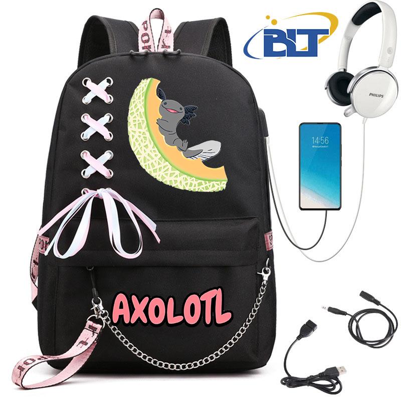 Cute Axolotl Printed Student Schoolbag for Girls Black Backpack Usb Kids Casual Bag Back To School Gift