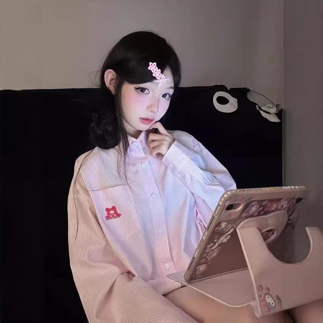 

Vertical Striped Blue Small Fresh Casual Shirt for Women Early Autumn Small Cardigan Jacket Pink Sweet Inner Shirt S рожевий