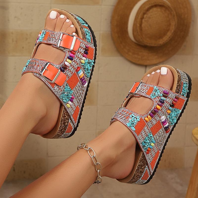 Damen S Kork-Slipper mit Strasssteinen, dicke Sohle, für den Außenbereich