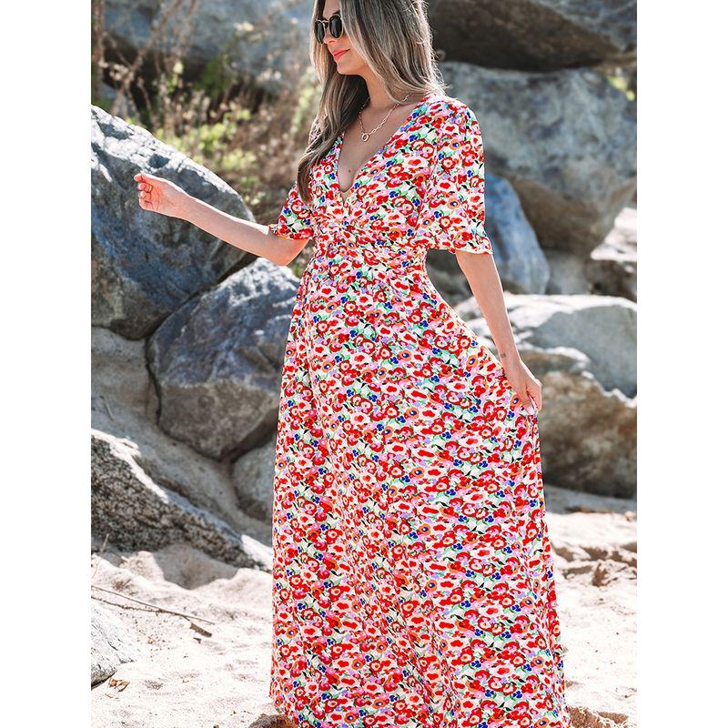 US Shiying Summer New Arrival Florals Backless Dress Female 2025 Seaside Vacation Style Side Slit Dress