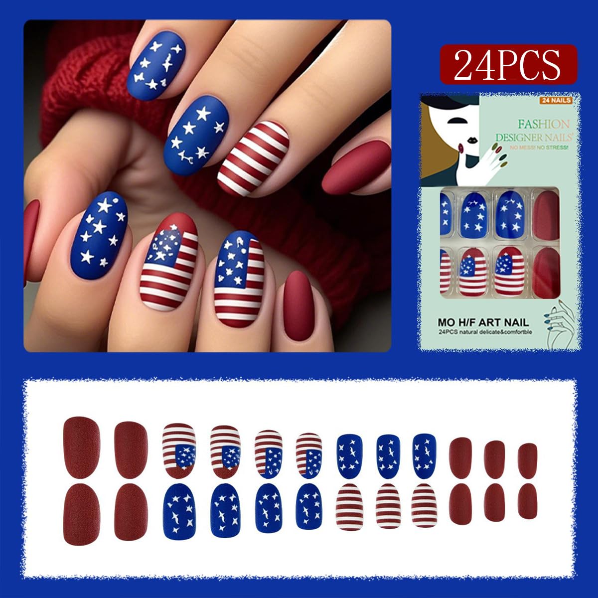 Короткие овальные накладные ногти День независимости Накладные ногти Милые Матовые Акриловые Полное покрытие Клейкие ногти Накладные ногти с дизайном Звезды и полосы Красные Синие