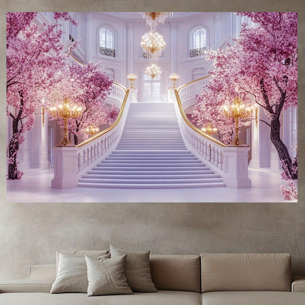 An Elegant Pink Floral Wedding Background with Stone Paths and Princess Castle - Suitable for Party and Wedding Decoration