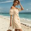 Damen schulterfrei kurzärmlig farbig casual Kleid mit Taschen für den Urlaub