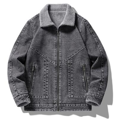 Men's Denim Jacket with Added Velvet and Thickened Flip Collar Washed Cotton Fashionable Men's Jacket