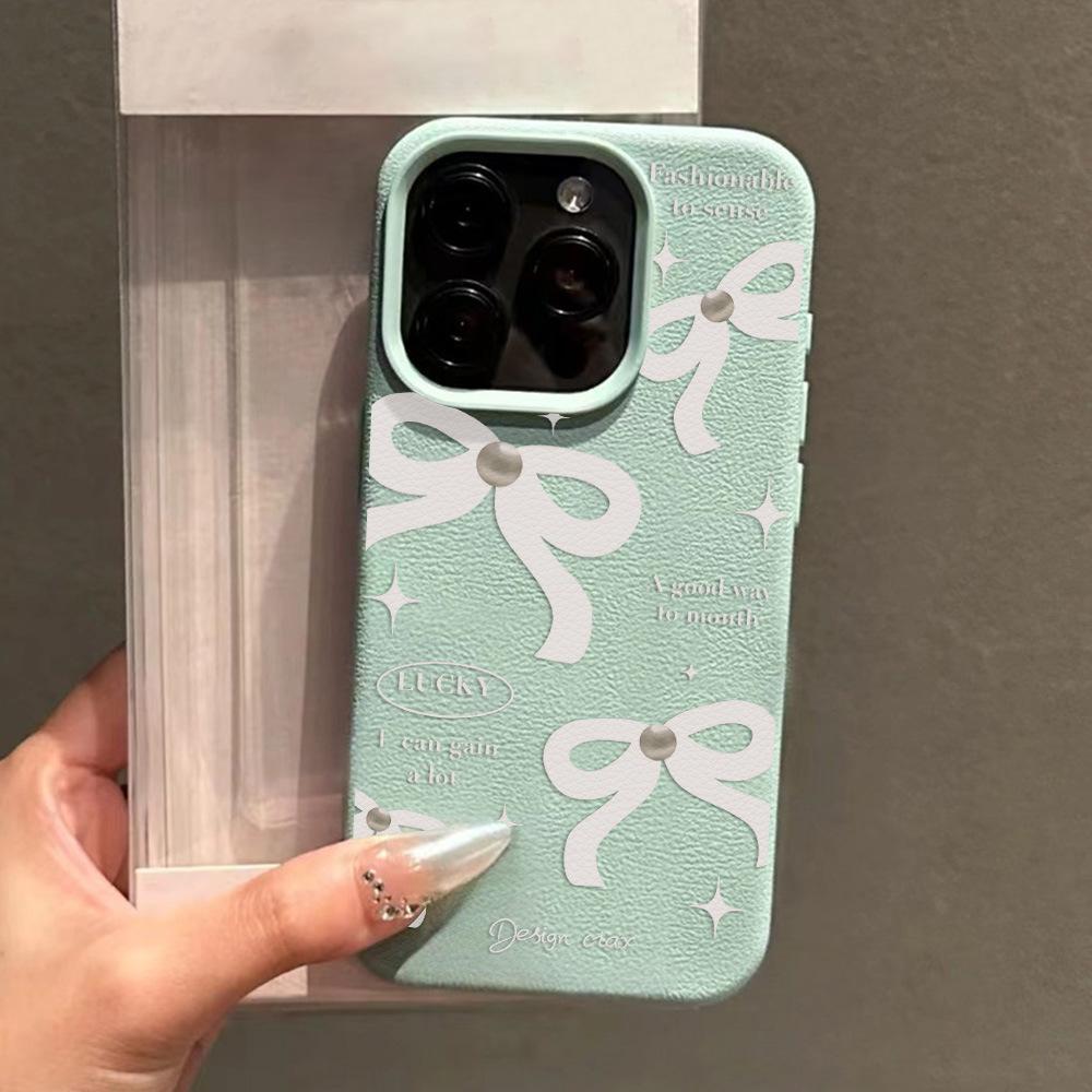 White English bow for iPhone17 ProMax leather pattern mobile phone protective case 17 large holes 16 simple