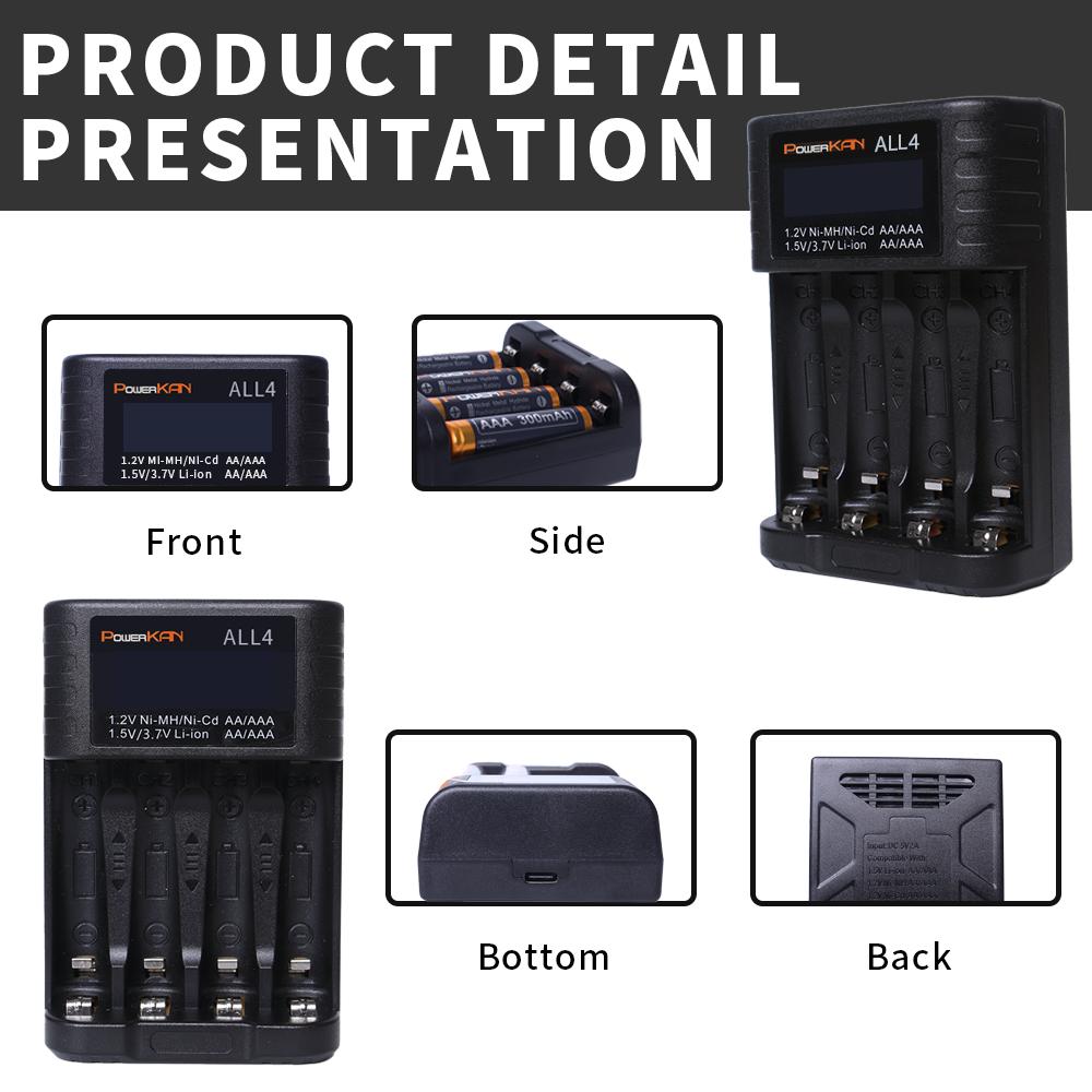 POWERKAN ALL4 AA/AAA 4-slot Small Convenient Battery Charger for 1.2V Hi-MH& 1.5V/3.7VLi-ion With LCD Screen