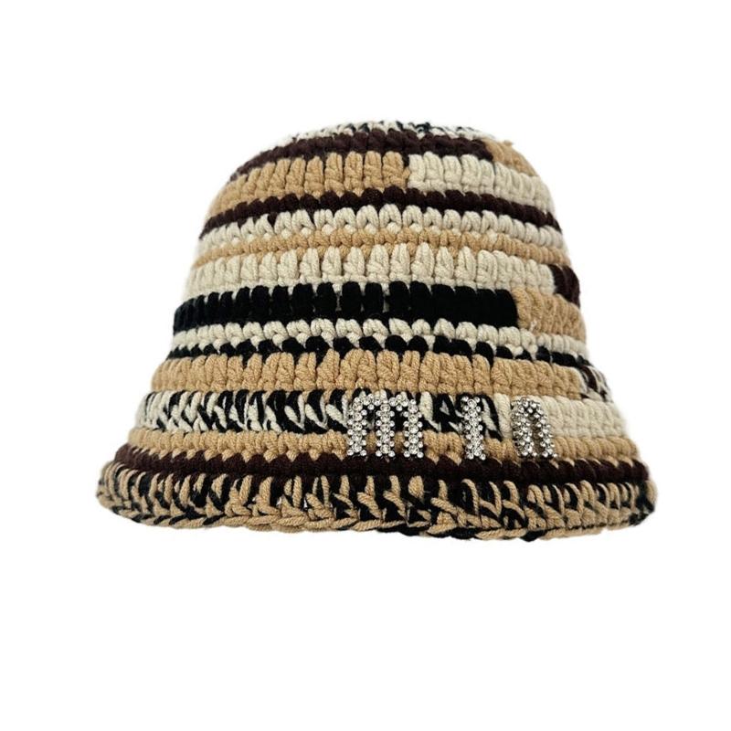 Sweet Girls Crochet Stripe Pattern Bucket Hat Cute Ladies Fisherman Cap Color Matching Woman Teens Winter Windproof Hat