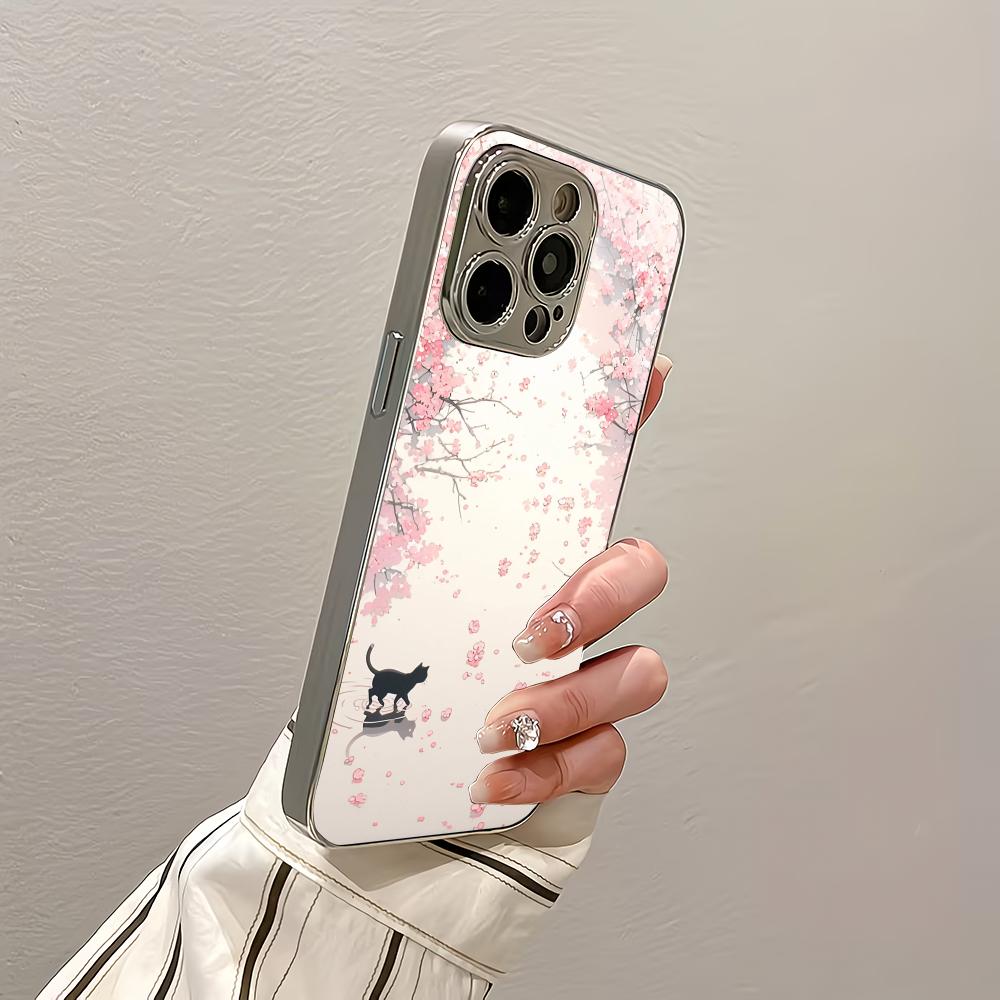 Anime Sakura Cat Pattern Metallic Paint Glass Phone Case Suitable for iPhone 17 16 15 14 13 12 11 Pro Max Plus Anti Shock