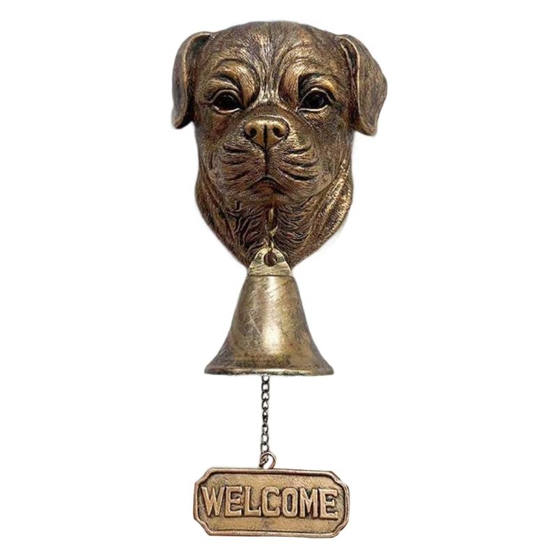 Dog Head Resins Statue Doorbell with Welcome Sign Farmhouses Entryway Wall Hanging Bells Ornament Easy Installation