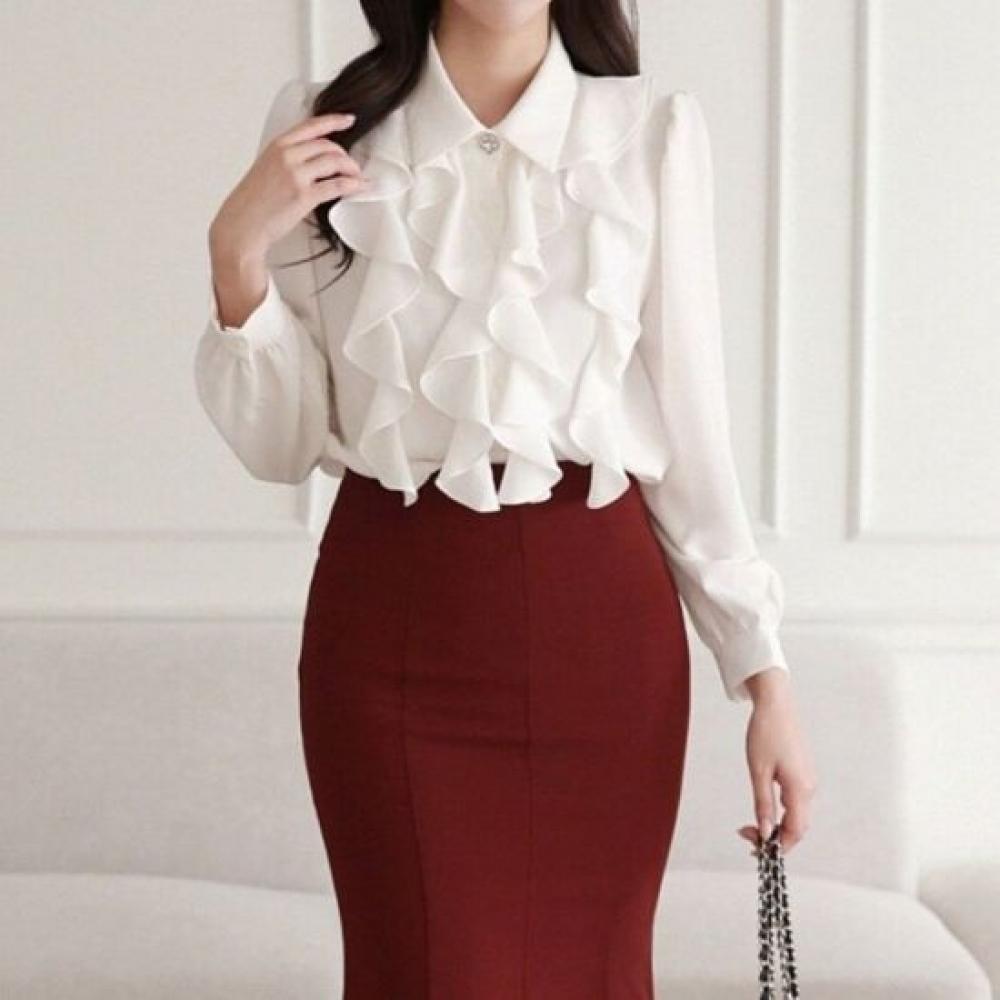 Style Latte Women S Frill Chiffon blouSe Spring Autumn Office Wear