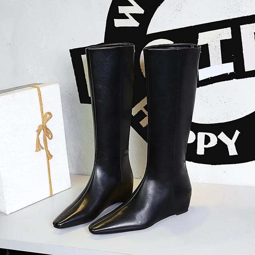 

BIGTREE Сапоги Дизайн Острый Носок Женские Сапоги до Колена Дизайнерские Вечеринка Улица Длинные Ботильоны Клиновидные Каблуки Обувь Mujer 40