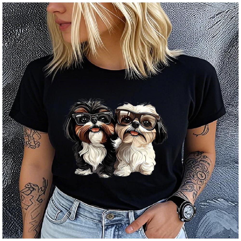 Cotton Cartoon Sunglasses Shih Tzu Pair Print T Shirt Women Lovely Fluffy Puppy Casual Daily Basic Short Sleeve Top