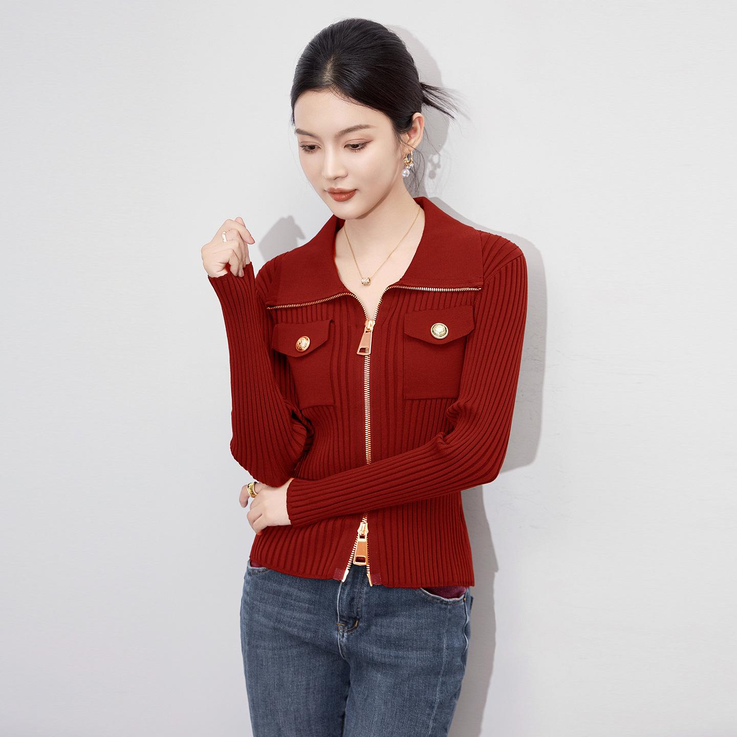 

Роскошный эластичный утягивающий трикотажный кардиган на двойной молнии в стиле «маленький аромат» - Новинка Large красный