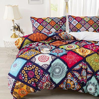 Soft Duvet Cover Set Bohemian Style Color Plaid Print Beding Set Soft Comfortable Breathable Soft Duvet Cover For Bedrom Guest Rom